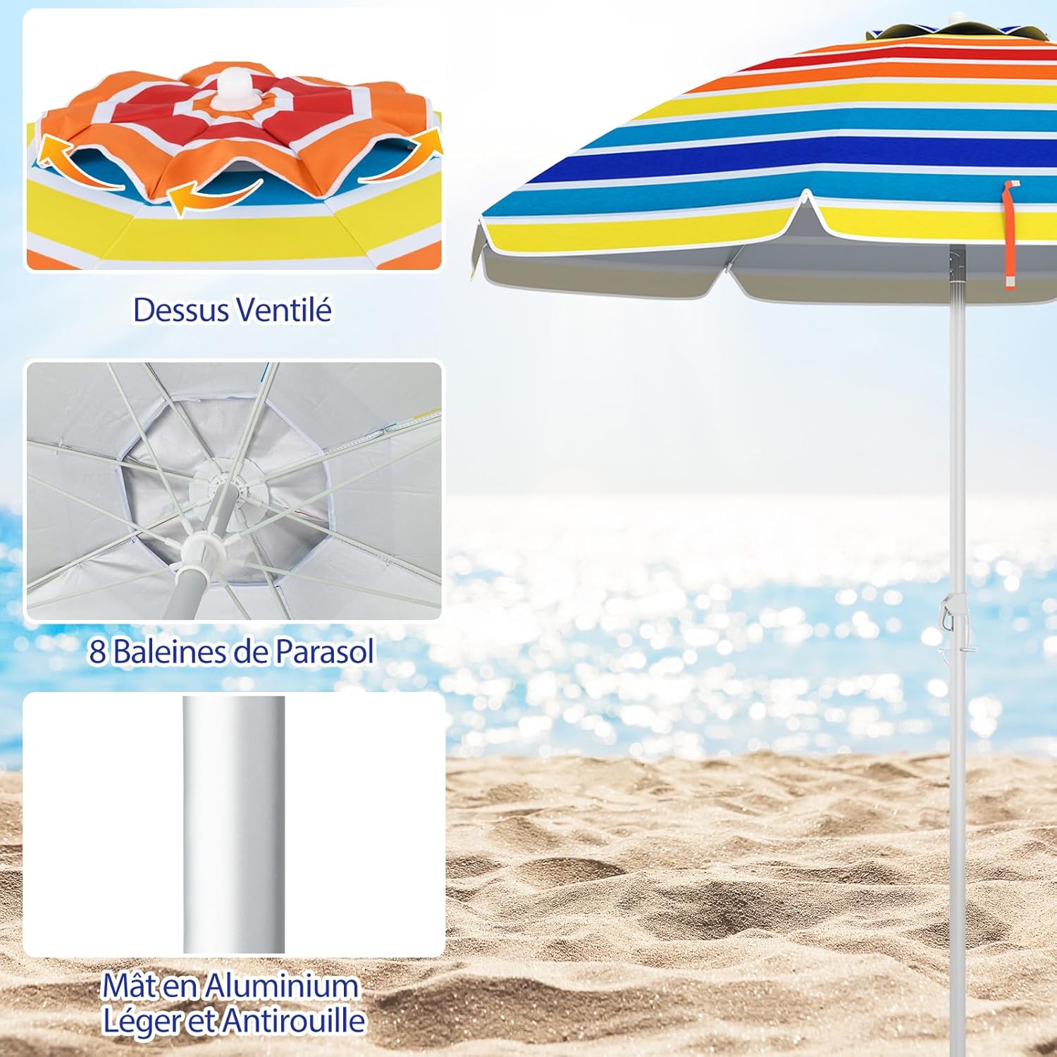 Parasol En Paille PP 208 CM, Parasol De Plage Inclinable, Parasol Hawaïen H.213,5 CM, Parasol Extérieur à 8 Baleines Naturel(sans Base) - Gamm Vert