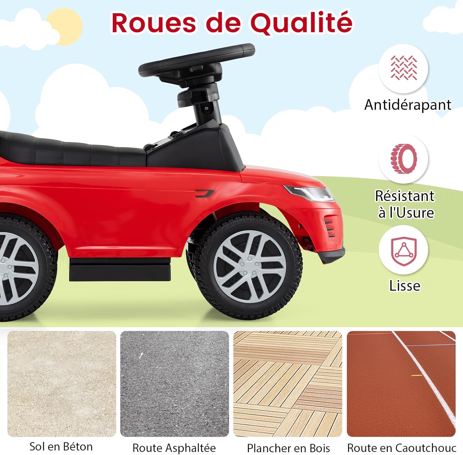GOPLUS 3 En 1 Porteur Bebe Range Rover Discovery, Pousse Pousse Avec Poignée Auvent Réglable, Garde-Corps, Klaxon, Bruit De Moteur, Rangement, Poussette Jouet Pour Enfant 1,5-3 Ans,Charge 25KG (Rouge