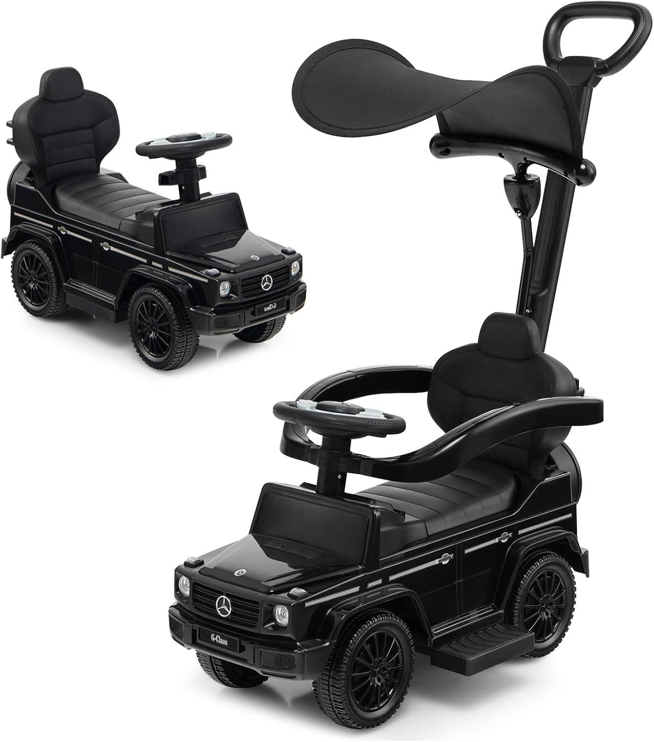 GOPLUS 3 en 1 Porte-bébé Mercedes Benz, poussée avec poignée d'auvent réglable, garde-boue, klaxon, bruit de moteur, rangement, poussette jouet pour enfants de 1 à 3 ans, charge 25 kg, couleur
