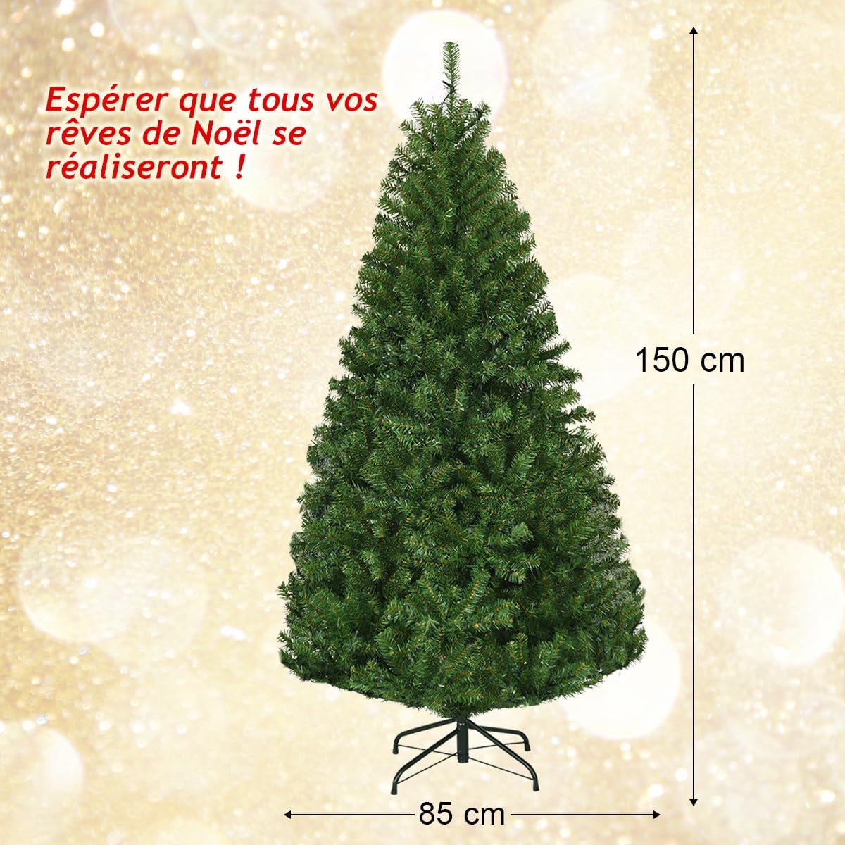 Sapin De Noël Artificiel 125 Cm Avec 150 LED - 9 Modes Lumières, Base Ciment, Facile à Monter - 11