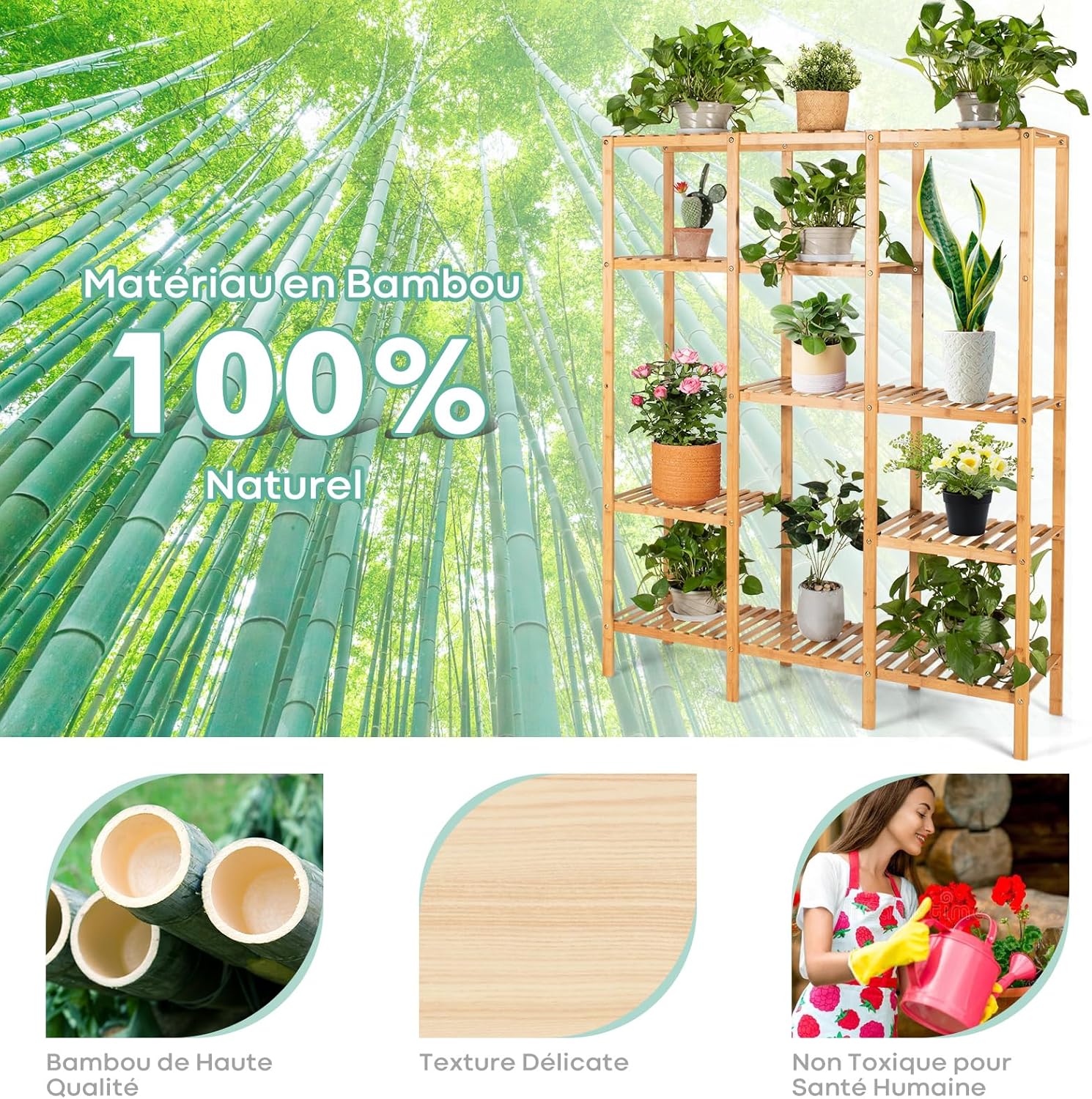 Support Pour Pots De Fleurs En Bambou – Réglable, Design Naturel, H 35,5 Cm