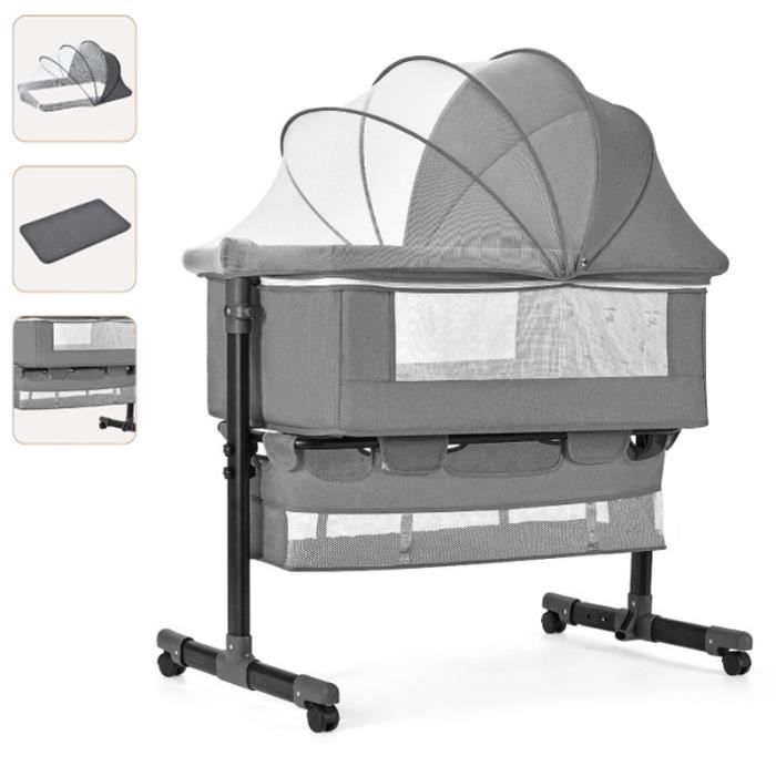 Berceau Cododo Bebeconfort Zina 2-en-1 - 0-6 Mois (9kg), 5 Hauteurs Réglables, Matelas Inclinable, Côtés En Maille - Gris Graphite