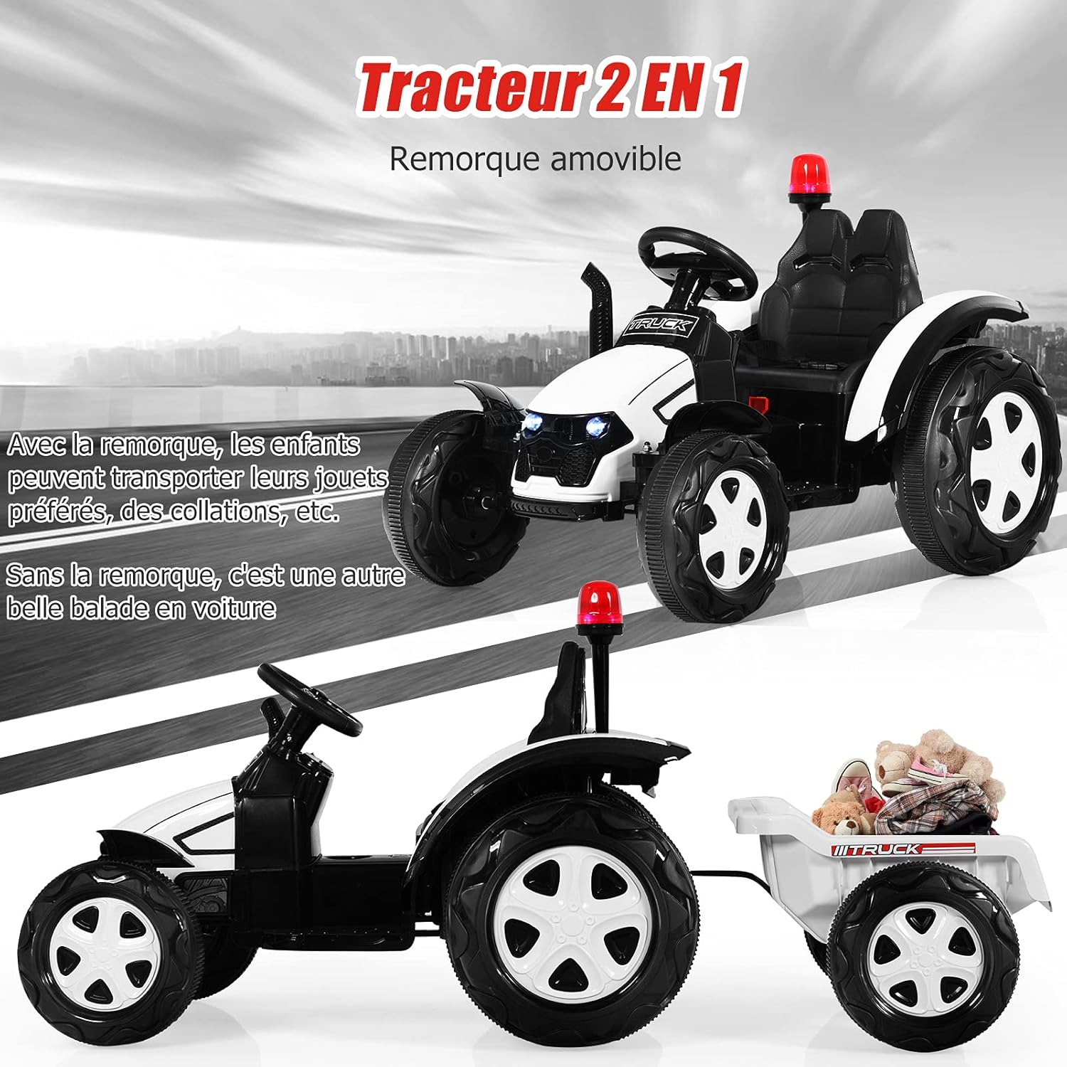 Vehicule Electrique 3 Ans LEADZM Tracteur Électrique Enfant 12V Avec Remorque Amovible – Lumière LED, Musique, Klaxon, Télécommande 2.4 GHz – Dès 3 Ans