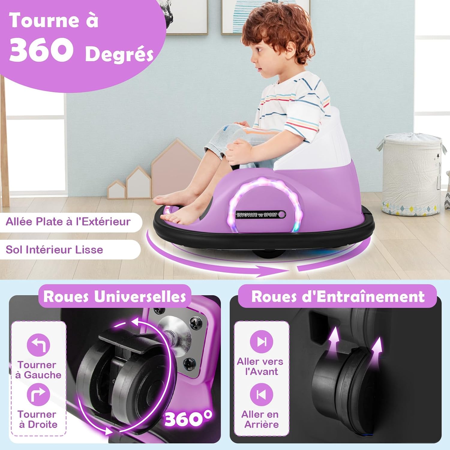 Auto-tamponneuse Électrique 12 V avec rotation à 360° Télécommande Lumières Musique intégrée Connexion sans Fil pour 3-8 Ans Bleu/Rouge/Rose/Violet