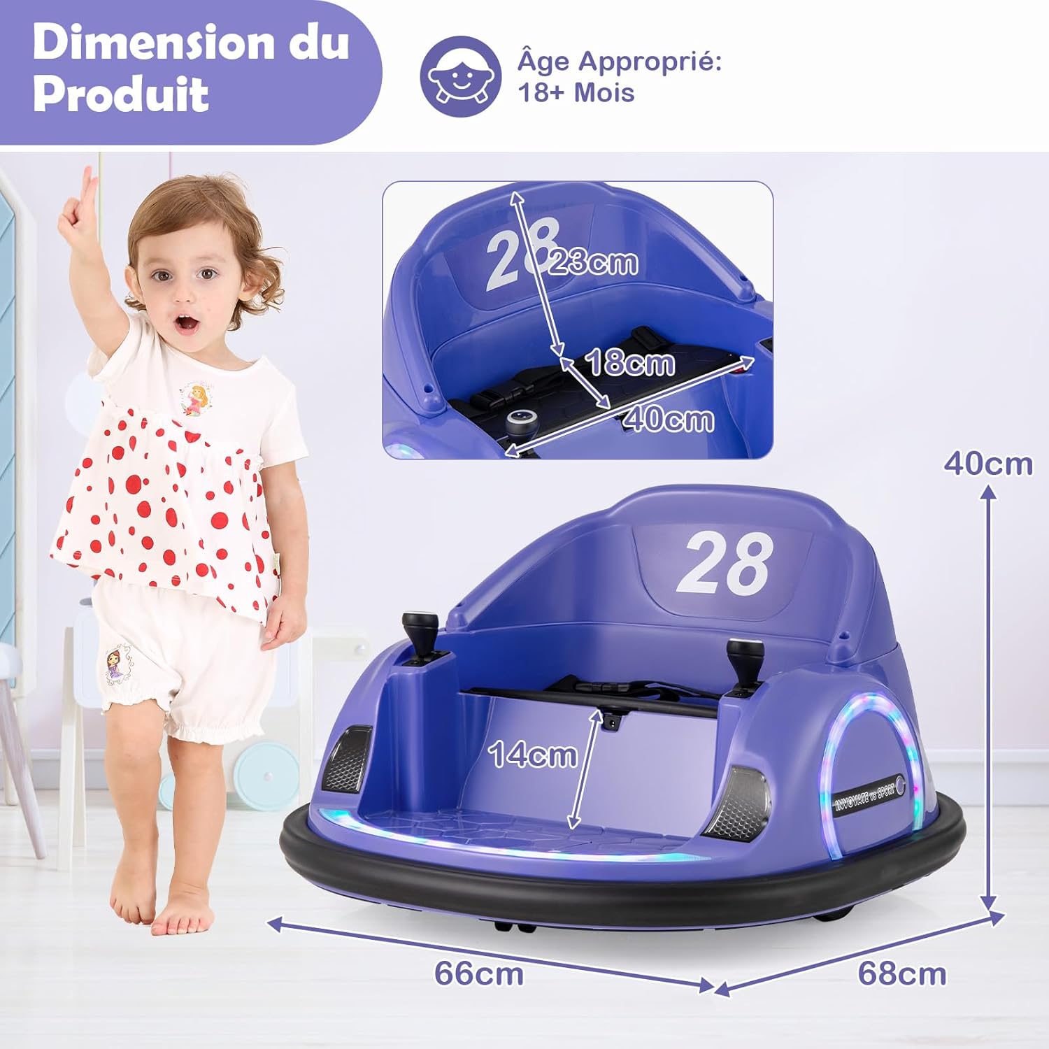 ELEMARA Auto-tamponneuse de 12 V pour bébé, voiture de course sous licence, auto-tamponneuse pour tout-petits avec grande roue, autocollants à personnaliser, télécommande, rotation à 360°, Bluetooth