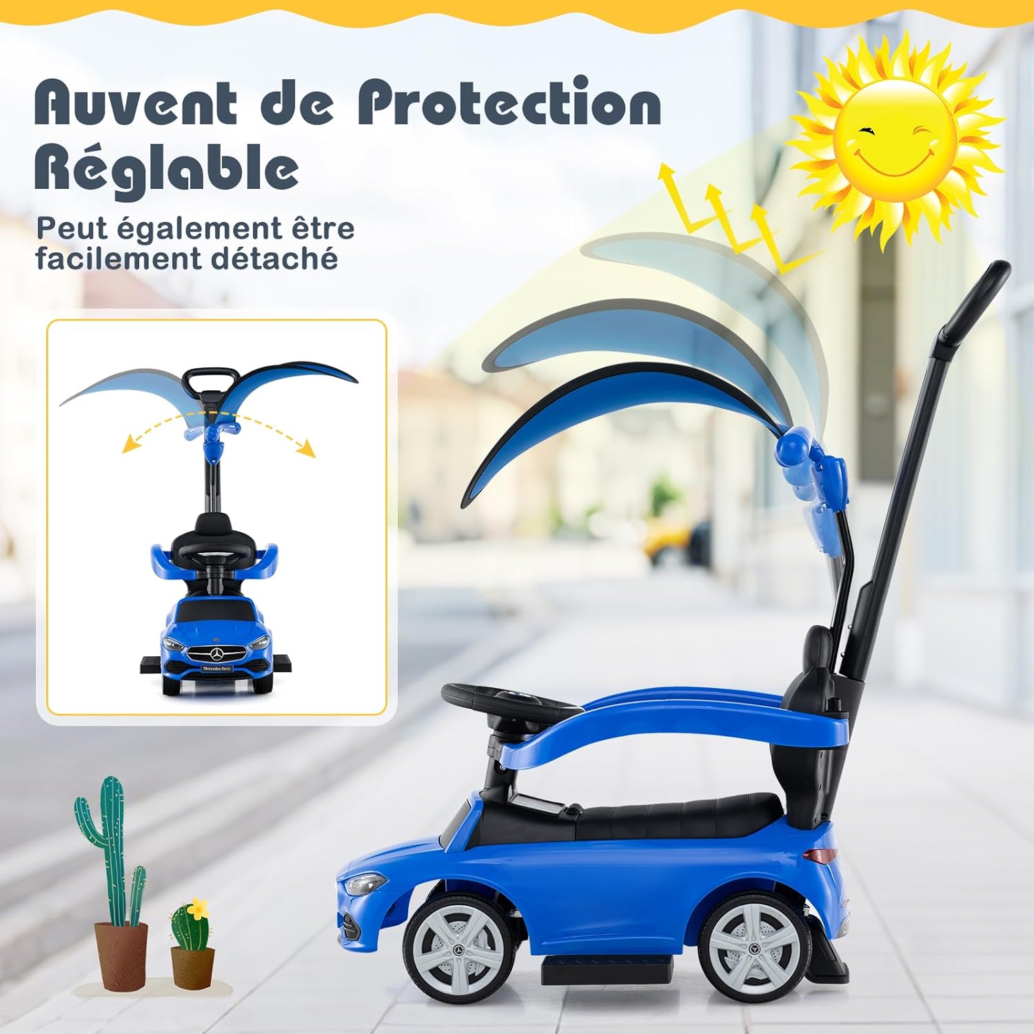 3 En 1 Mercedes-benz Porteur Enfant Avec Poignée Détachable Et Auvent Amovible Rouge