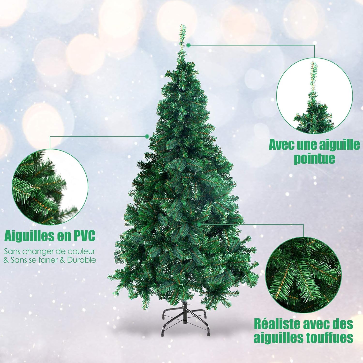 GOPLUS Sapin de Noël Artificiel 225CM, 1346 Branches en PVC Ouverture Automatique, Arbre de Noël avec Pied en Fer, Idéal pour Suspendre Guirlande de Lumières et Etoile, Vert (Vert