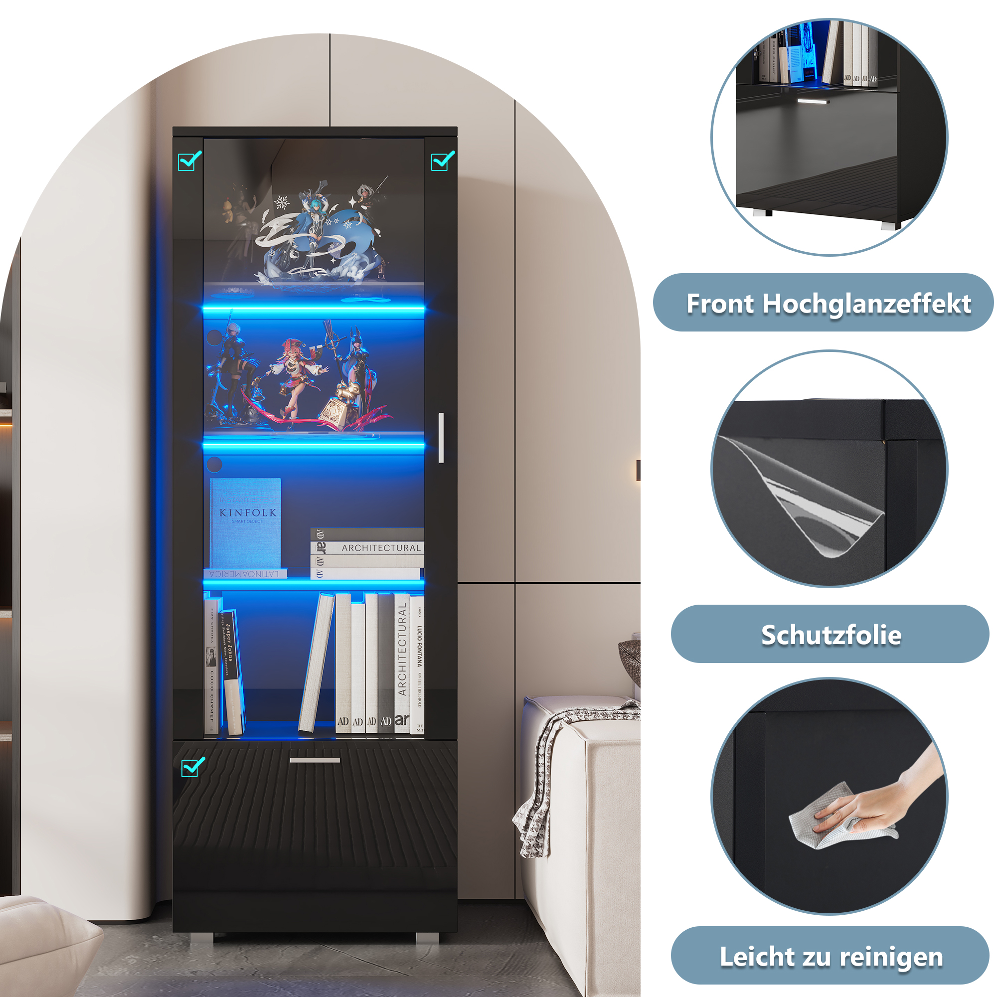 DAWNSPACES Vitrine En Verre De Salon Avec Lumiu00e8res LED Blanc Froid, Chaud Et Neutre, Quatre U00c9tagu00e8res