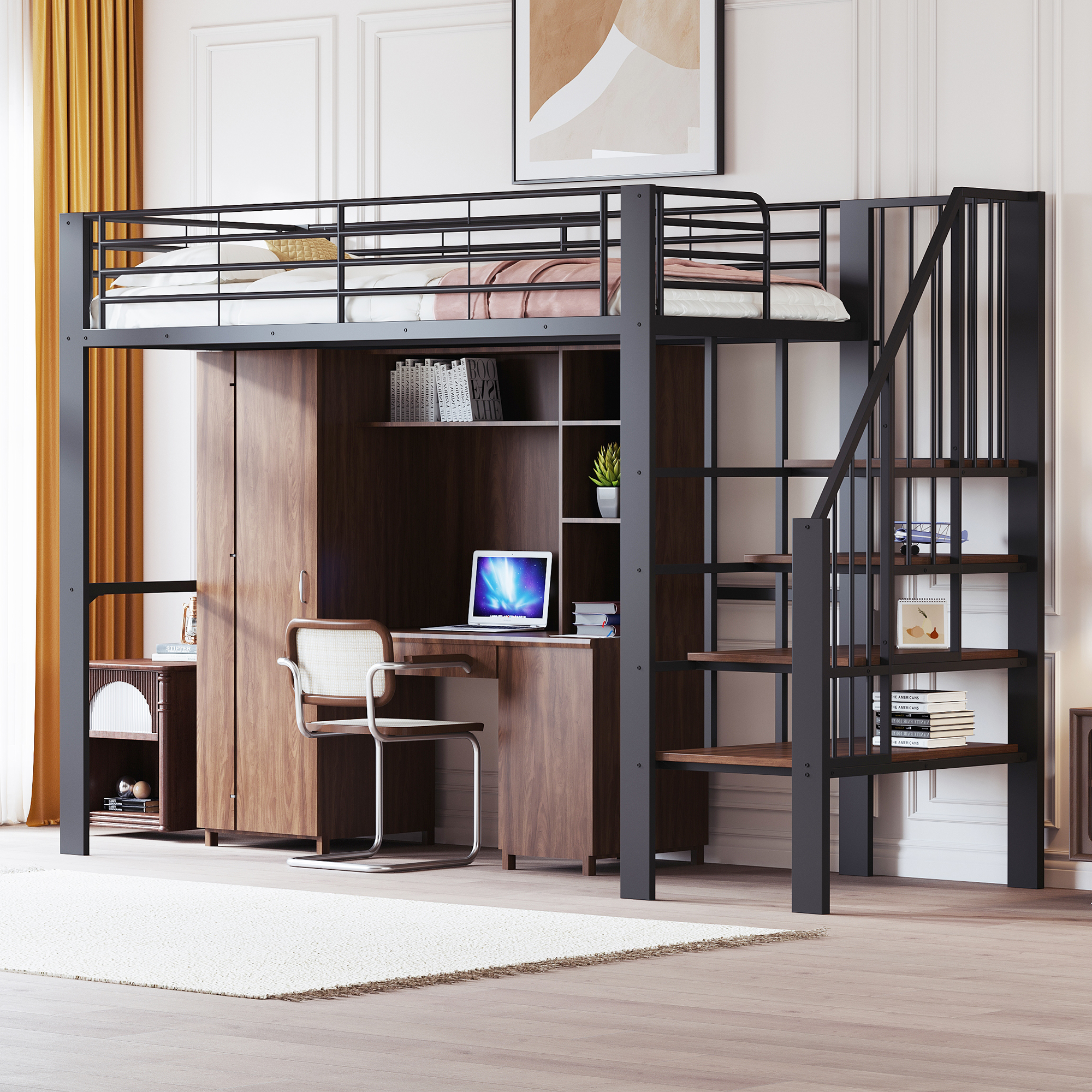 Lit Mezzanine 90 X 200 Cm Avec Bureau D'angle Et Armoire - Fer