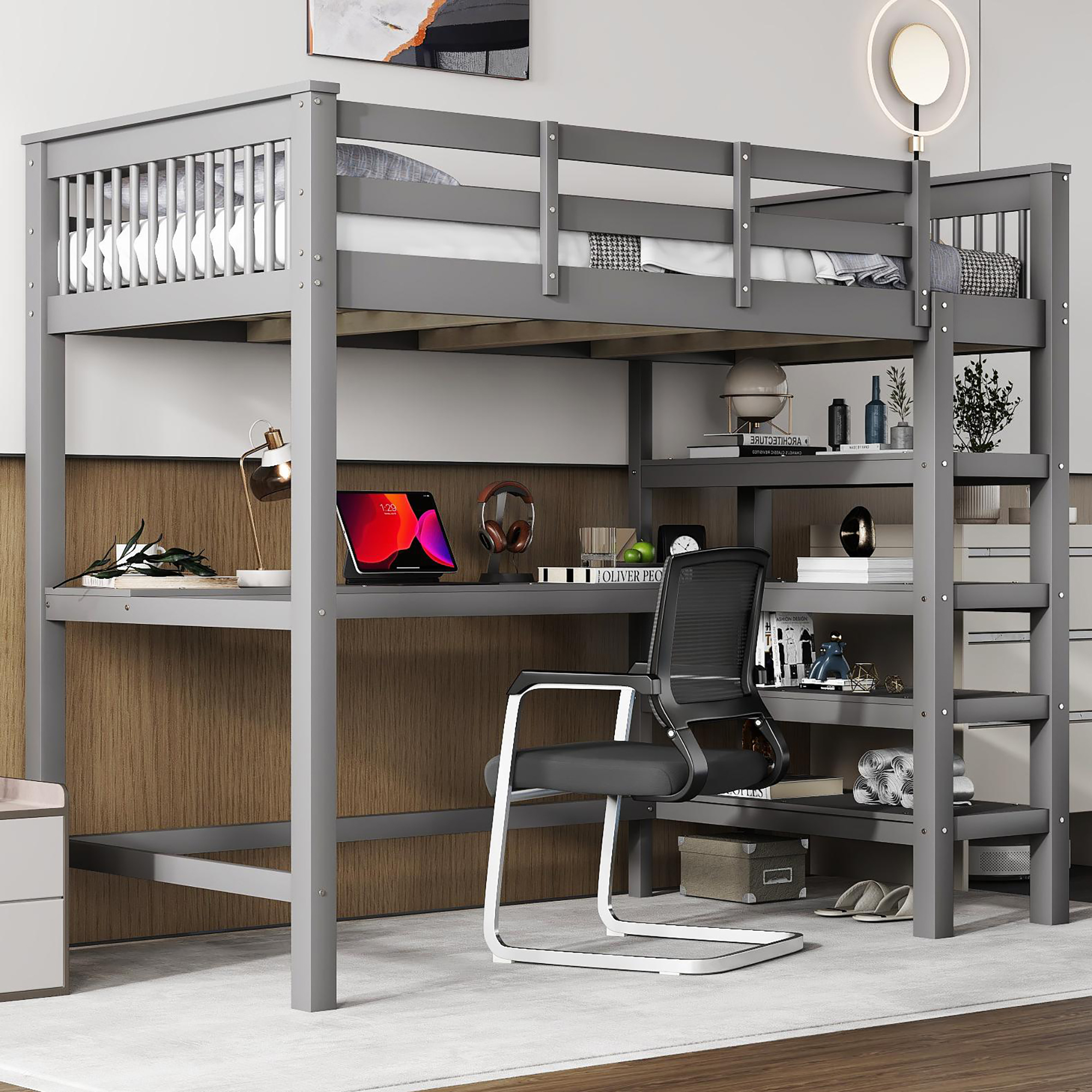 Lit Mezzanine 90x200 Cm Avec Bureau Et Rangements – Structure Métal + MDF, Noir, Sans Matelas, Pour Enfant Ou Adolescent