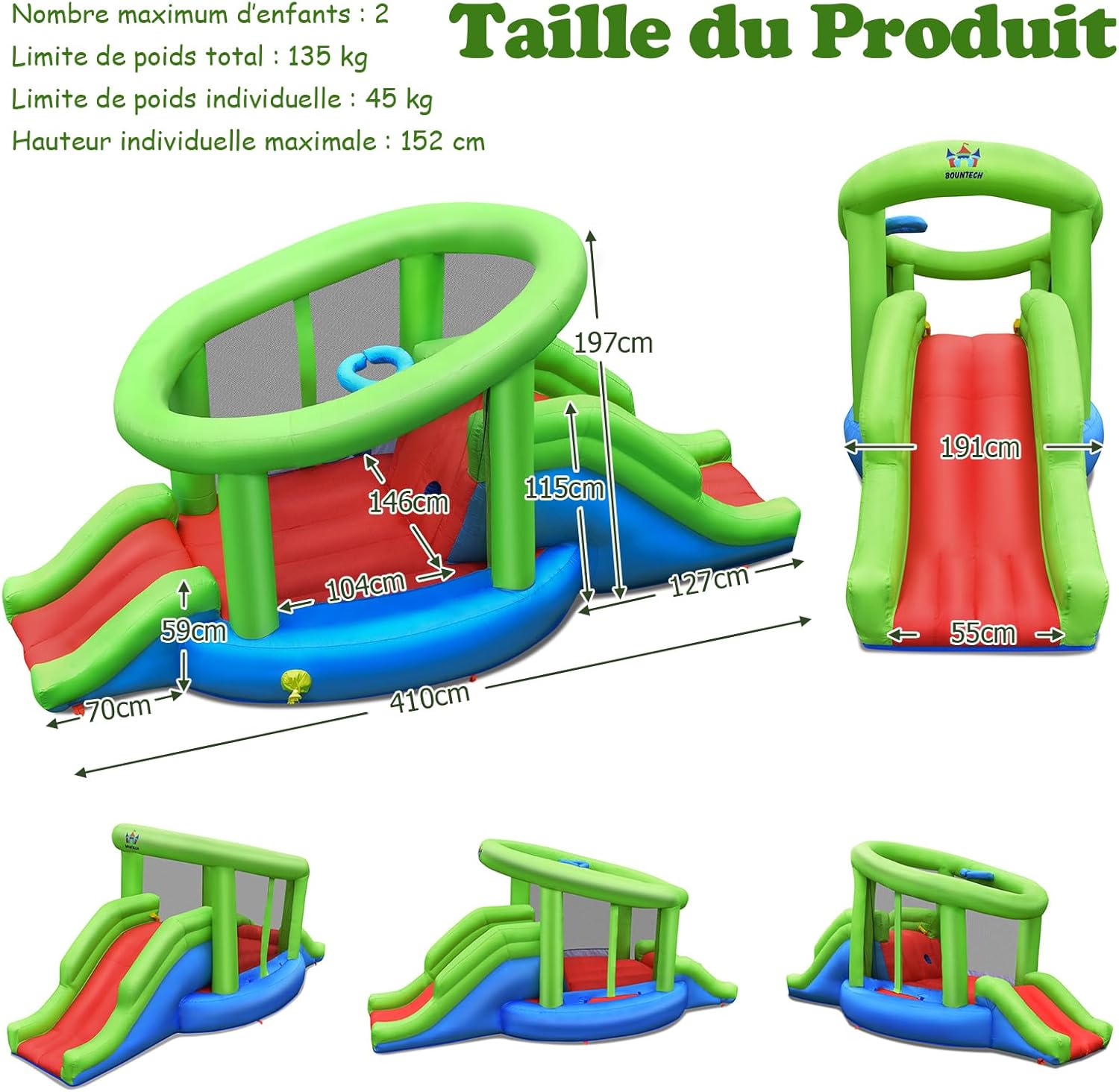 LIFEZEAL Château Gonflable pour Enfants avec 2 Toboggans, Aire de Jeux Gonflable avec Mur Escalade, Trampoline, Intérieur et Extérieur, Charge Max 120 kg, 383 x 313 x 182 cm
