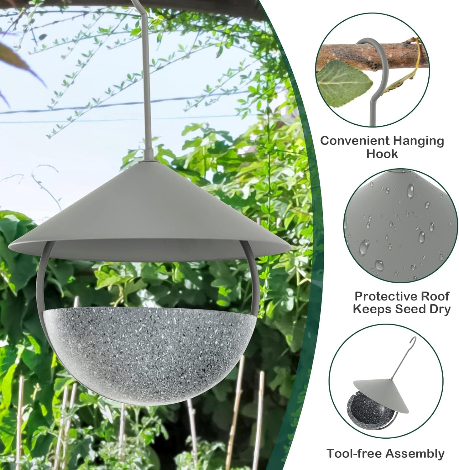 Mangeoire à Oiseaux Suspendue Rétractable - Capacité 820 Ml, Résistante Aux Intempéries, Grise - 8