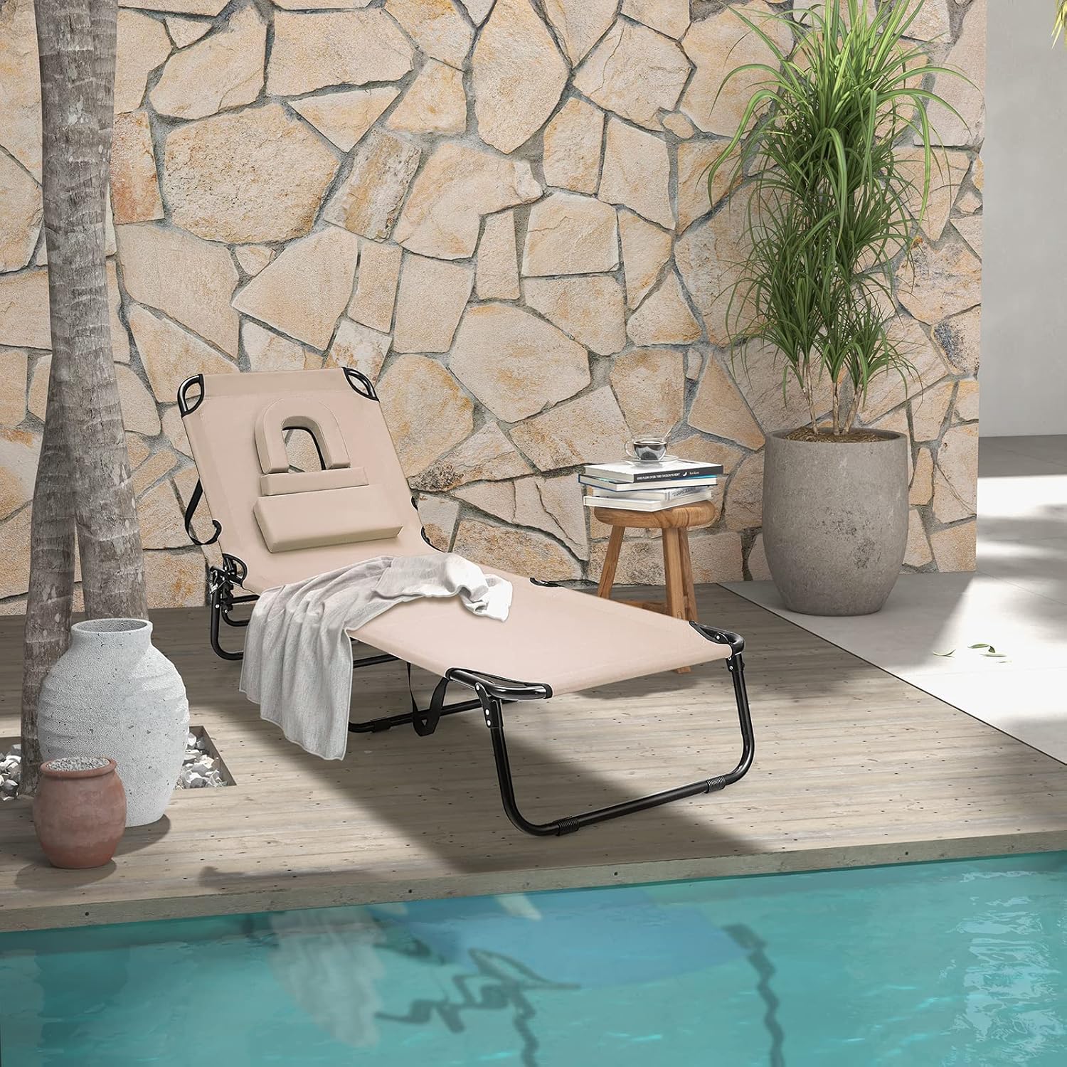 Bain De Soleil Inclinable à Dossier Réglable 5 Positions Transat Jardin Extérieur Avec Porte-Gobelet Accoudoirs Charge 150 KG Blanc