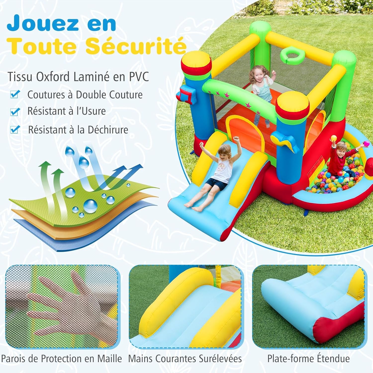 GOPLUS Château Gonflable Interieur Exterieur avec Zone de Saut, Toboggan, Jeu de Basket, Petit château Gonflable Enfants avec 2 Garçons Filles 3-12 Ans, Charge 90 KG ([avec Souffleur 450W],Cadeau