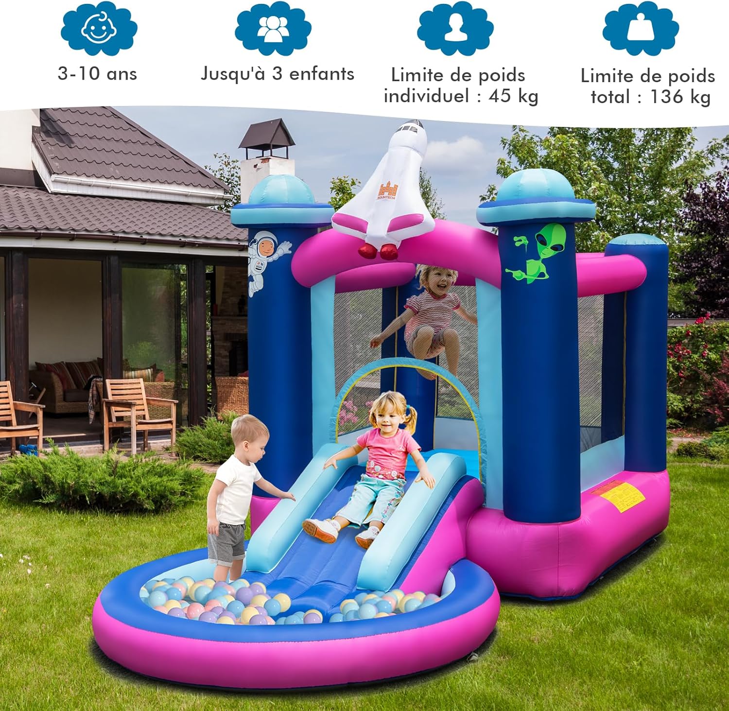 Patiojoy Château Gonflable Maison de Saut pour Enfants avec Toboggan et Souffleur 480W