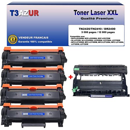 Toner T3AZUR Lot de 4 Toners compatibles Brother MFC-L2710DW, MFC-L2712DN,  TN2420 - 3 000 pages – Noir
