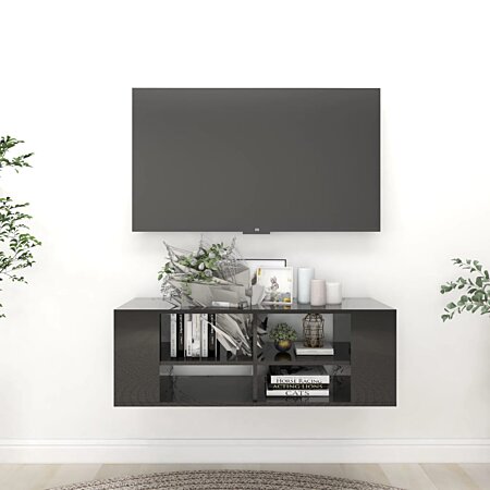 Meuble TV Noir brillant 190x49x37cm Avec Cheminée chauffante