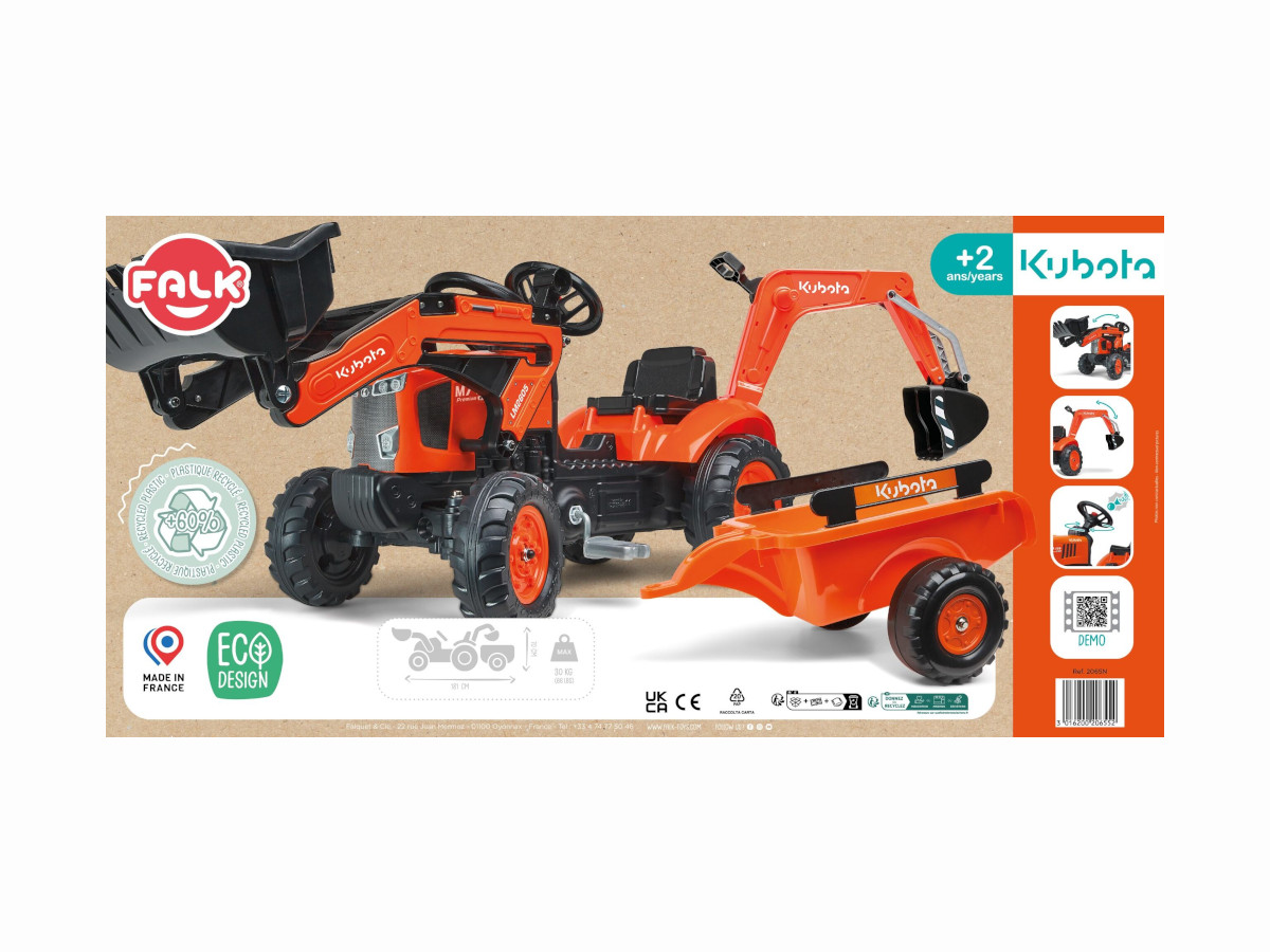Tracteur à pédales Kubota avec remorque orange Falk : King Jouet France Tracteur à pédales Kubota avec remorque orange Falk : King Jouet France