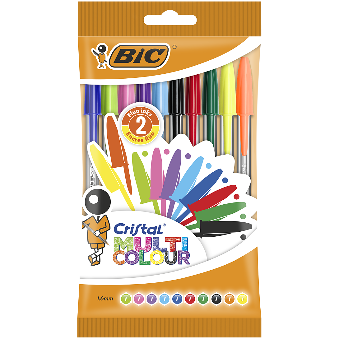 Stylos BIC Cristal Multicolour Pointe Large 1.6mm Pochette De 15 Couleurs Vives Et Fluos