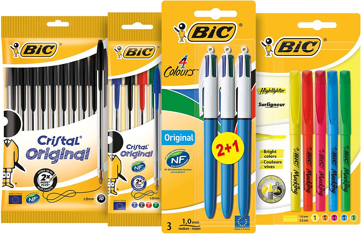 Stylo - 4 Couleurs - Pointe Moyenne - Bic - Corps Jaune pas cher
