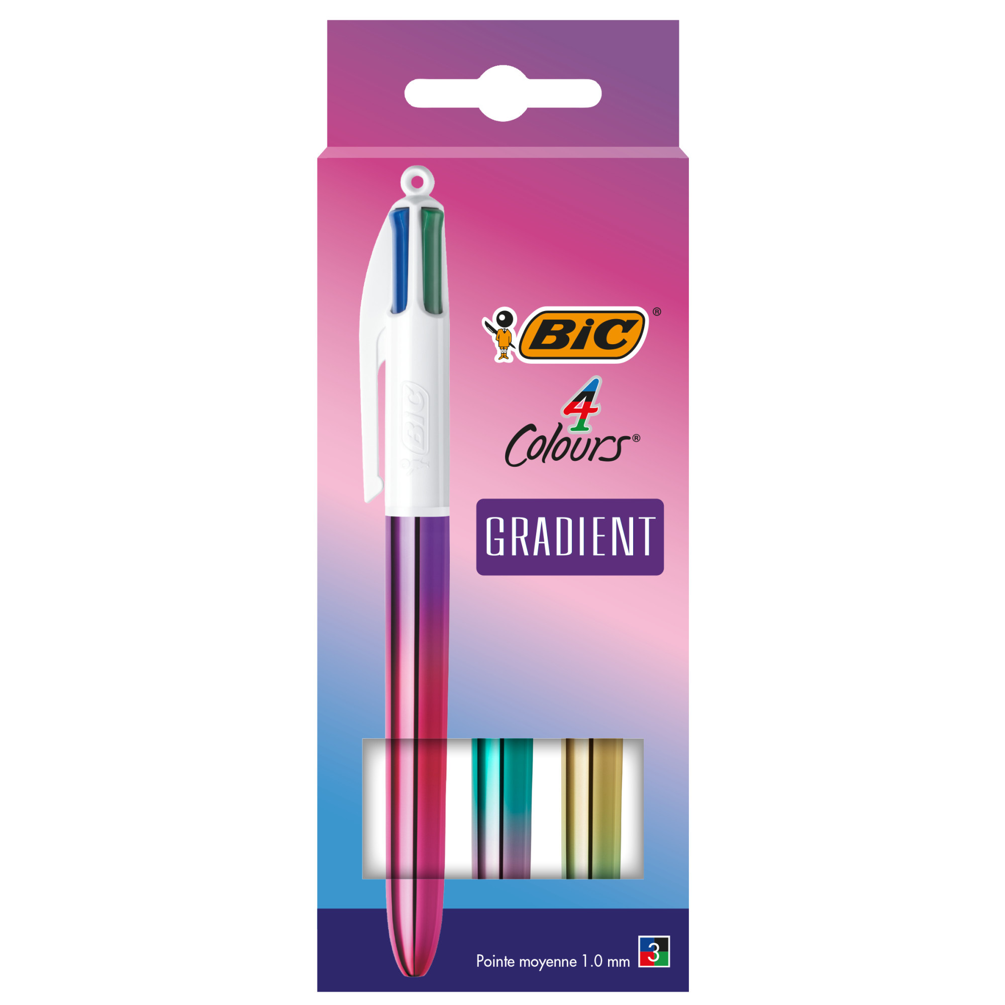 BIC Lot De 4 Stylos Multicolores, Stylos De Cadeau, Pointe Moyenne 1 Mm, 3 Unités, Papeterie Scolaire Et Bureau