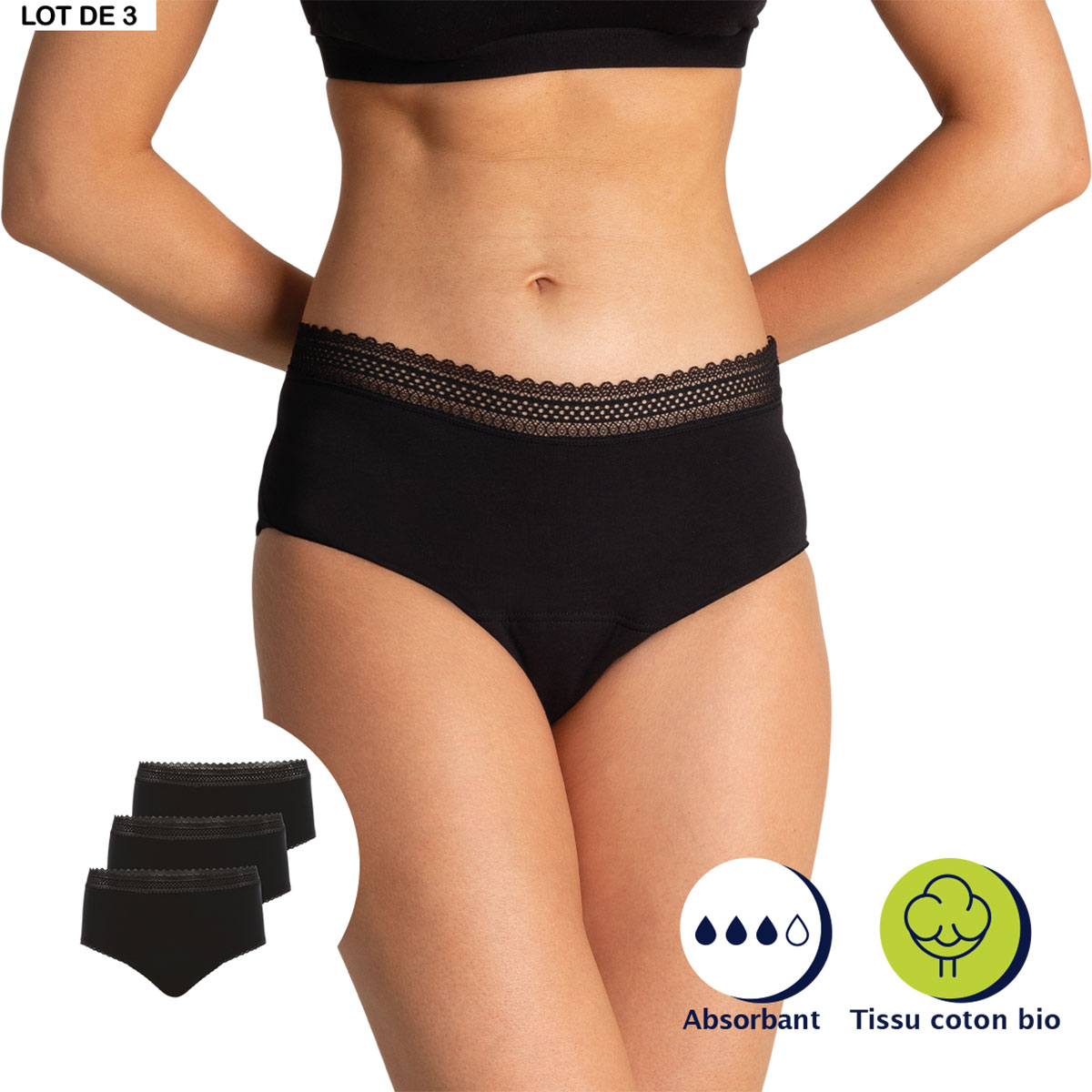 ATHENA Lot de culottes taille haute pour les règles Coton bio