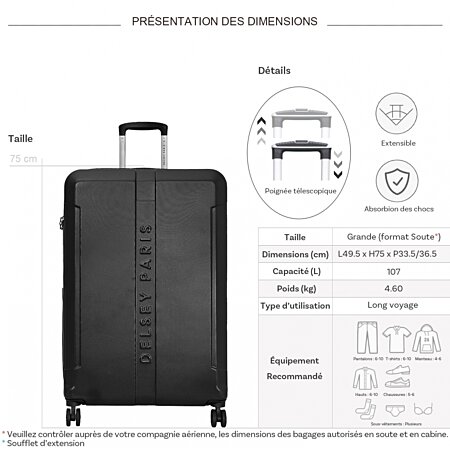 Grande valise rigide extensible Départ TSA 75cm ABS - Noir - Kiabi - 260.00€