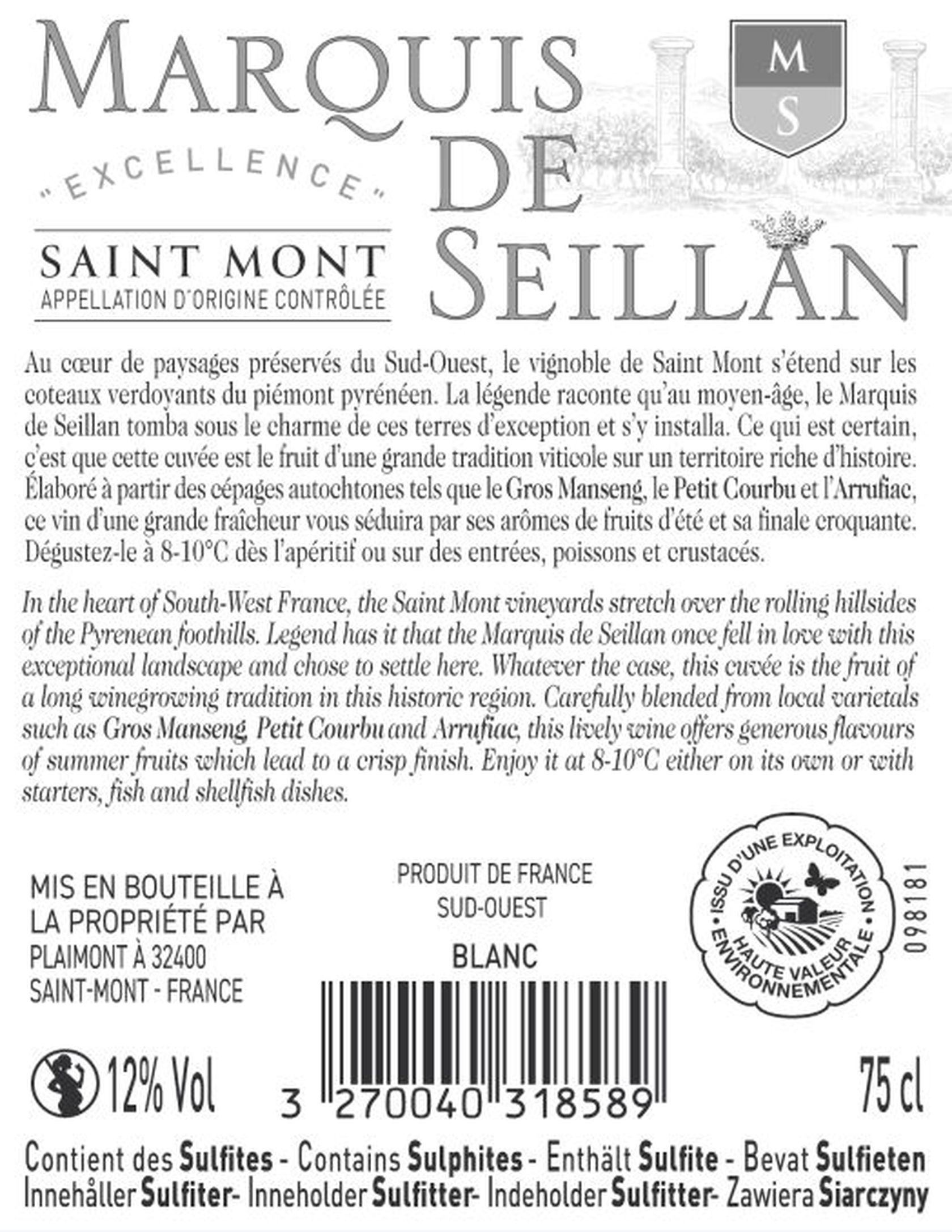 Marquis de Seillan, 2021 Saint-Mont AOP Blanc Sec 75 cl au