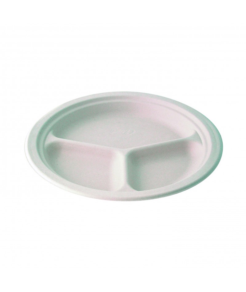 Assiette ronde blanche en pulpe 3 compartiments x 50 unités au