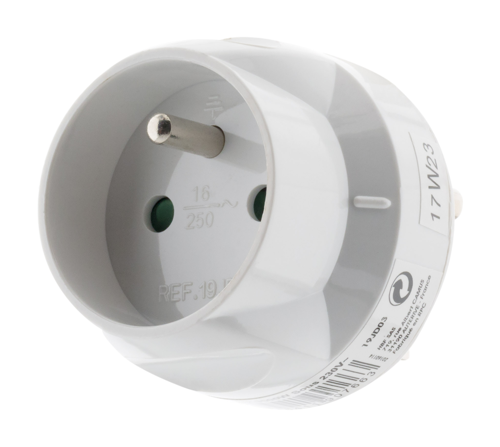 Adaptateur Prise Mâle 6A Vers Femelle 16A Zenitech - Avec Terre, Blanc, 3500W Max - Transformateur