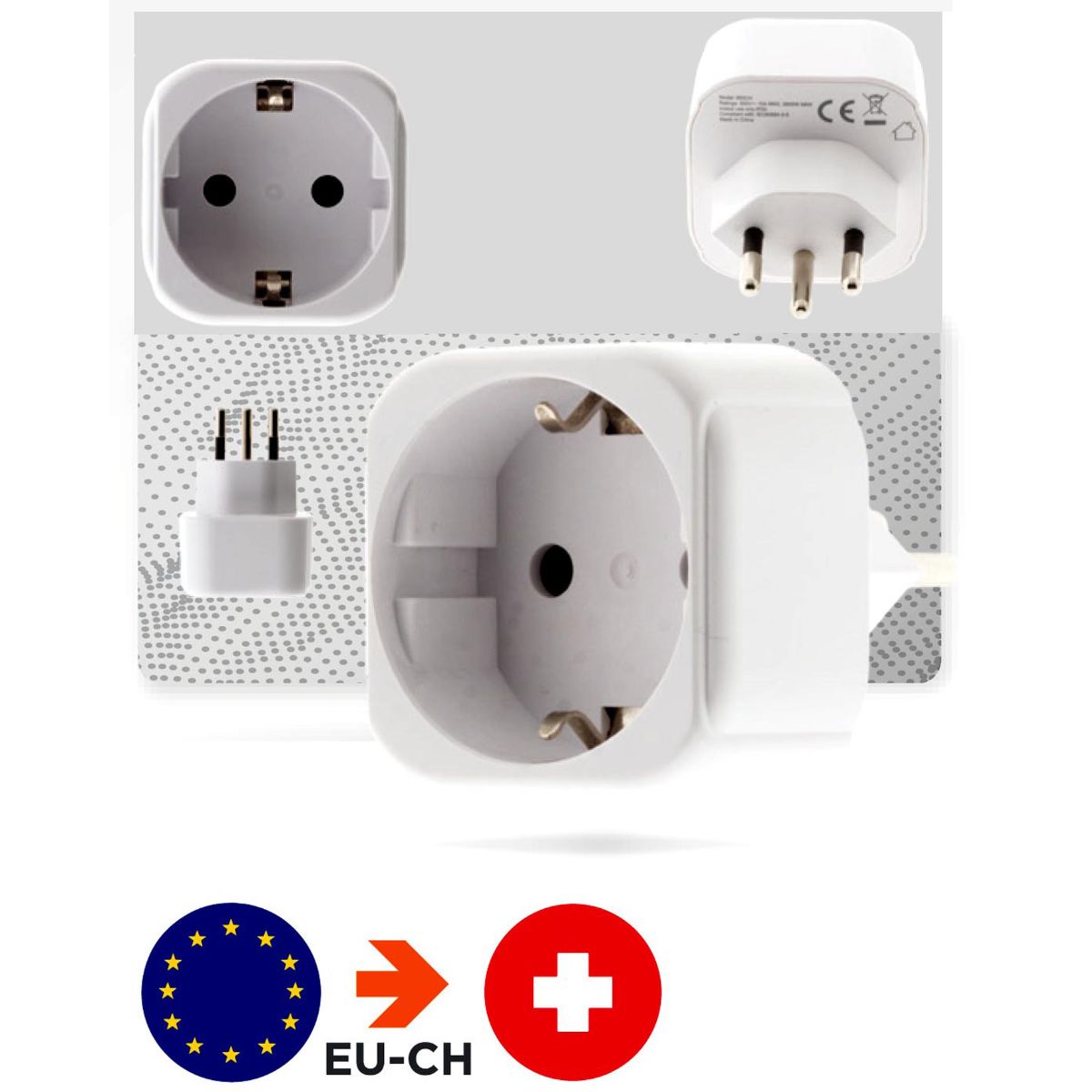 Adaptateur Prise Suisse Vers UE - 3 Broches Vers 2 Broches, Noir