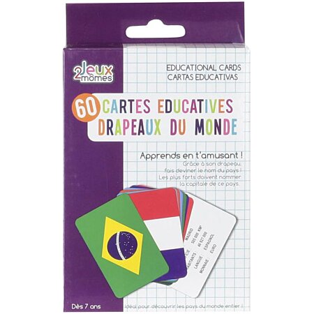 Jeu de 60 Cartes Educatives Pays & Drapeaux 12cm Multicolore au