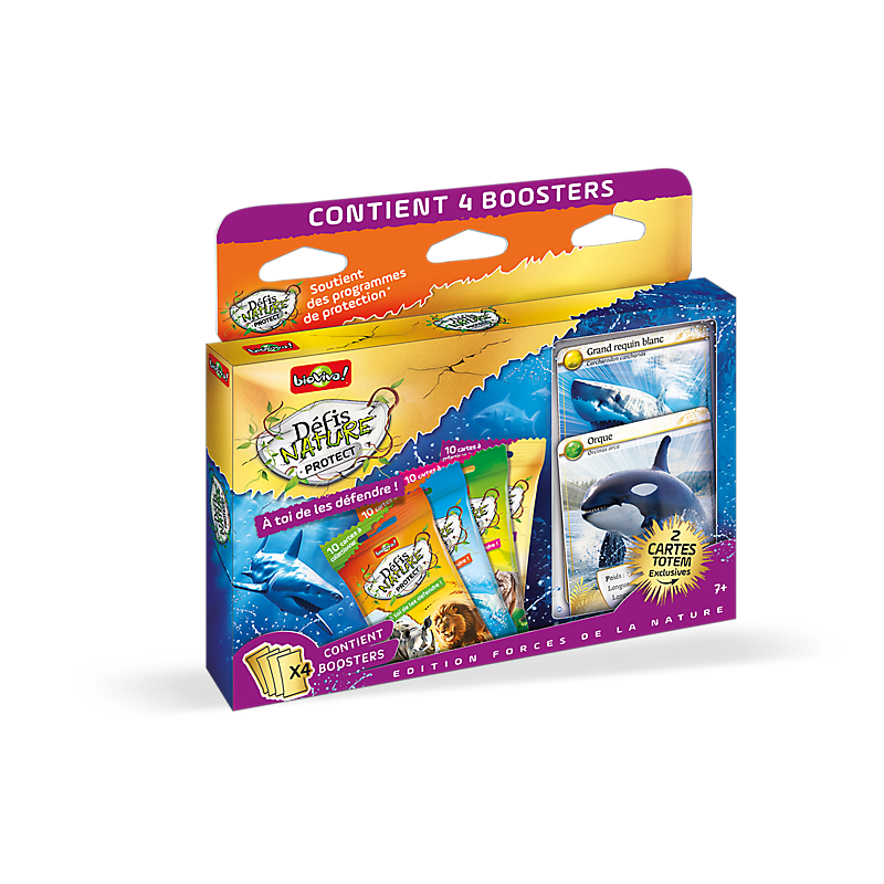 Bioviva Coffret 4 Boosters Défis Nature Protect – Orque & Requin – 10 Cartes Par Booster + 2 Totems Brillants – Poster Inclus – Dès 7 Ans