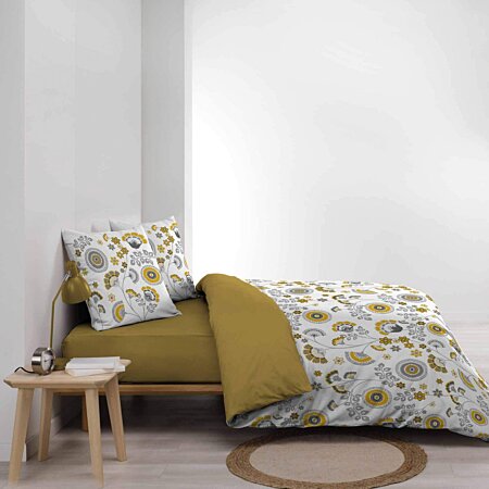 Housse de couette 240x260 cm + taies - Coton bio - Ambiance fleurie vet,  jaune et blanc