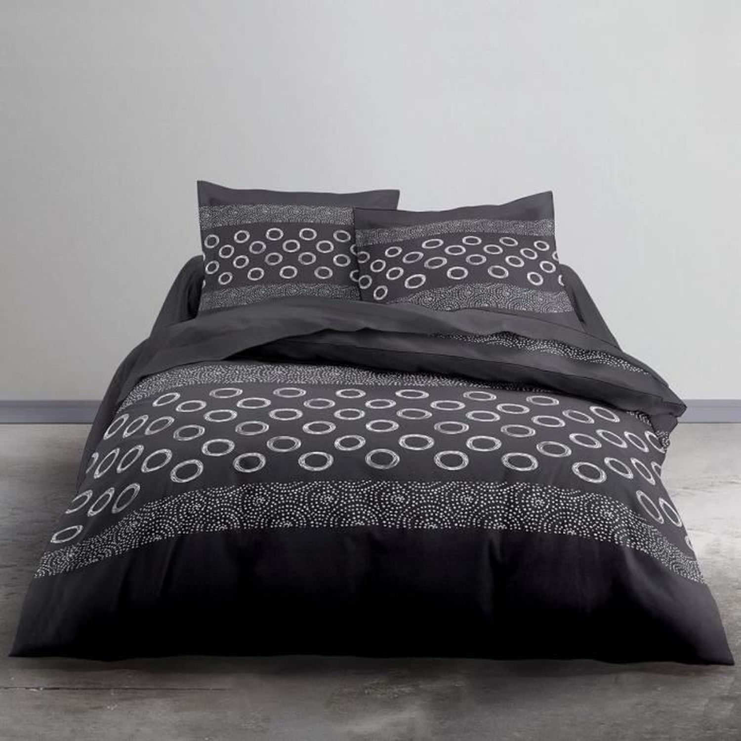 Parure De Couette 100% Coton 240x220 Cm - 1 Housse + 2 Taies 63x63 Cm - Gris, Doux, Fentes Passe-mains - 11