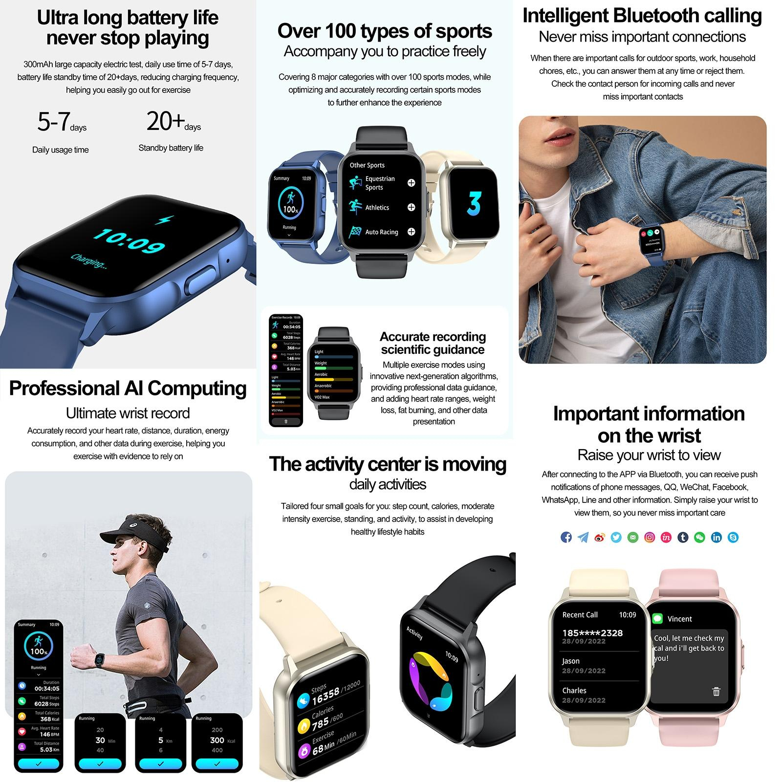 Montre Connectée Nerunsa 1,85" écran Tactile - Appel Bluetooth, 100+ Modes Sport, Suivi Sommeil/fréquence Cardiaque, étanche IP68 - Bleu Saphir - 6