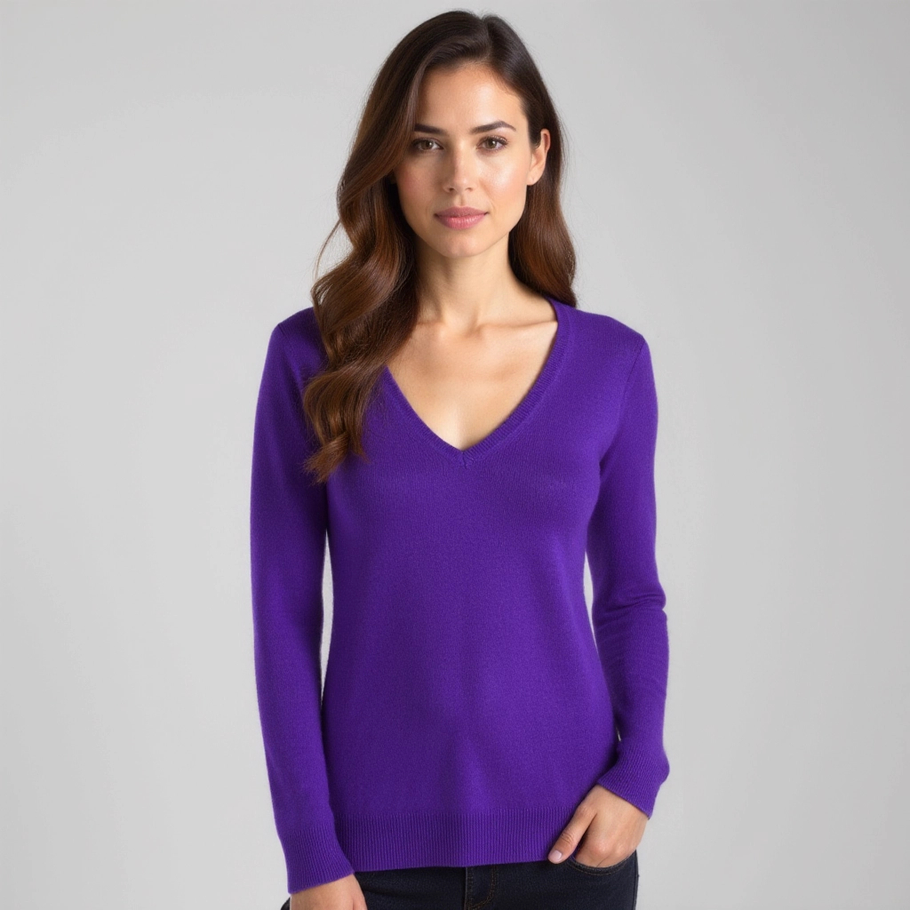 Pull Femme JAEGER 100% Cachemire – Couleur Violet Moyen, Taille M, Col V – Occasion En Excellent état