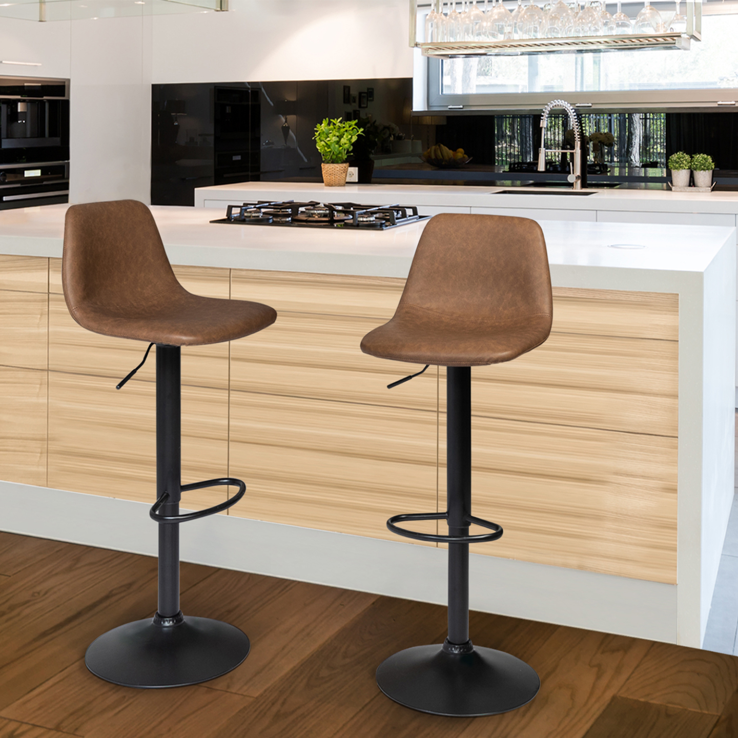Lot De 2 Tabourets De Bar Karl Design Bleu Canard Pied Noir - Réglables Hauteur Et Pivotants