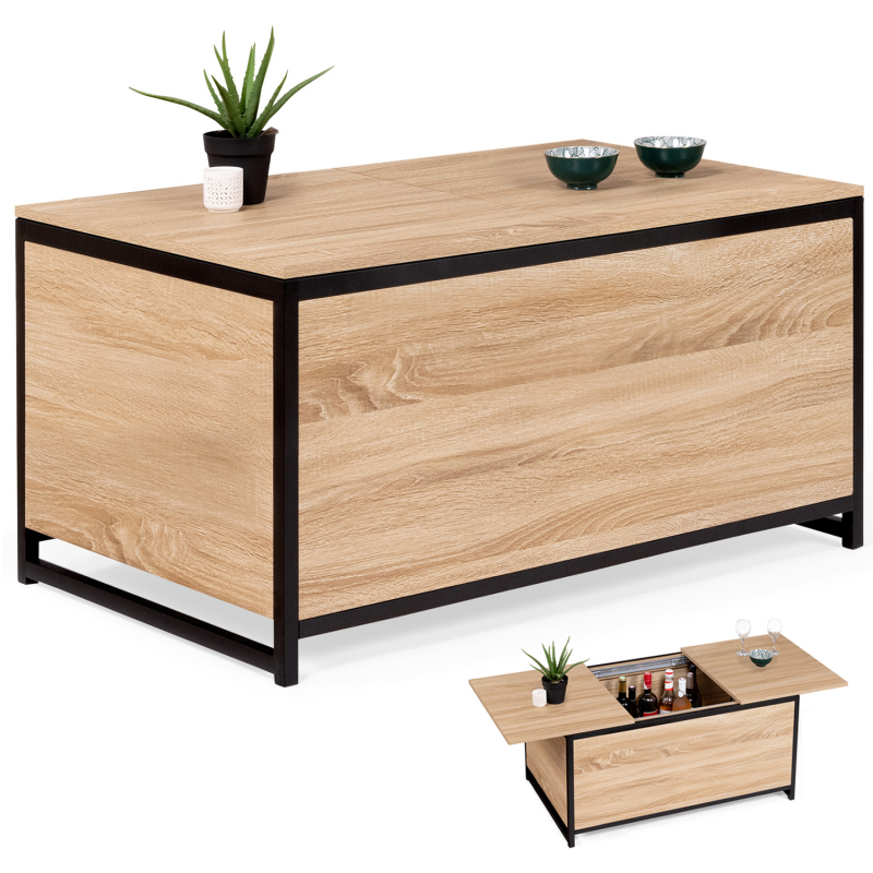 Soldes - Table basse industrielle avec coffre coulissant en orme