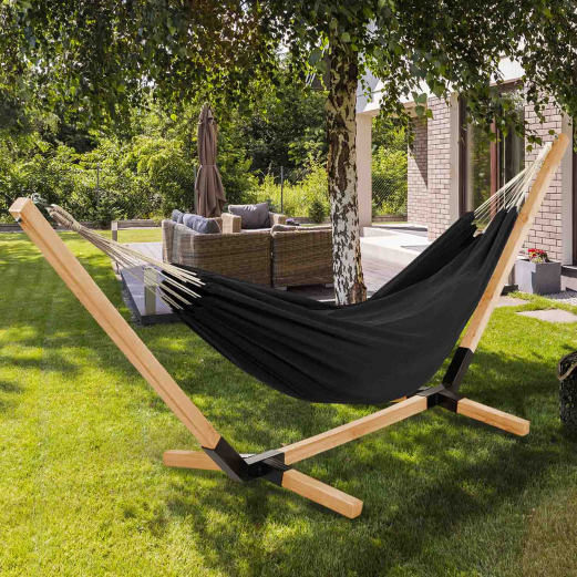Hamac Avec Support Bois IDMarket - Toile Noire Tahiti - 150kg Capacity - Pour Jardin
