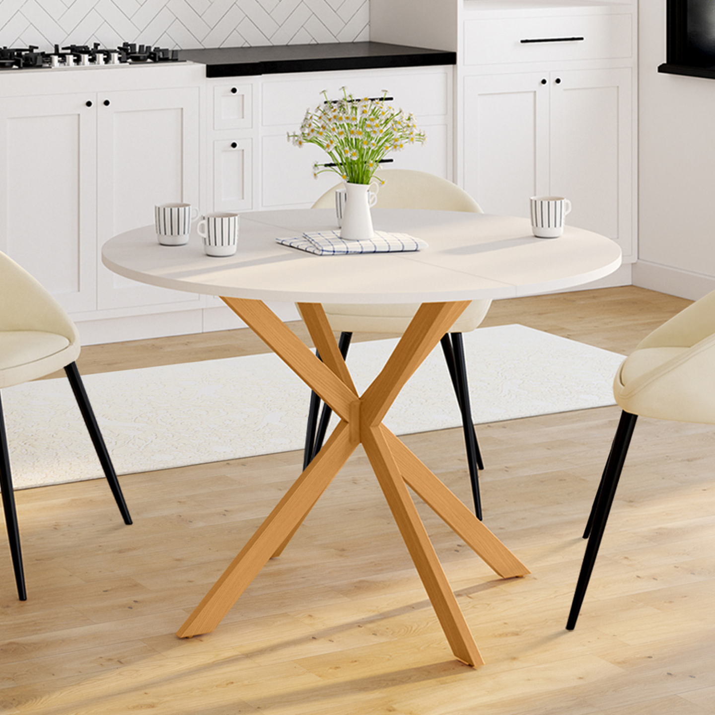 Table à Manger Extensible GISELE - Plateau Blanc Et Pied Araignée Effet Bois - 160 à 200 Cm Pour 6 à 10 Personnes - 4