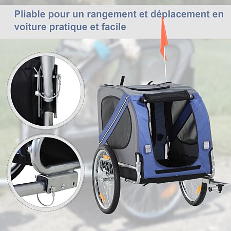 Remorque vélo pour chien animaux pliable 8 réflecteurs drapeau barre  attelage inclus acier polyester imperméable max. 40 Kg 130L x 73l x 90H cm  bleu au meilleur prix