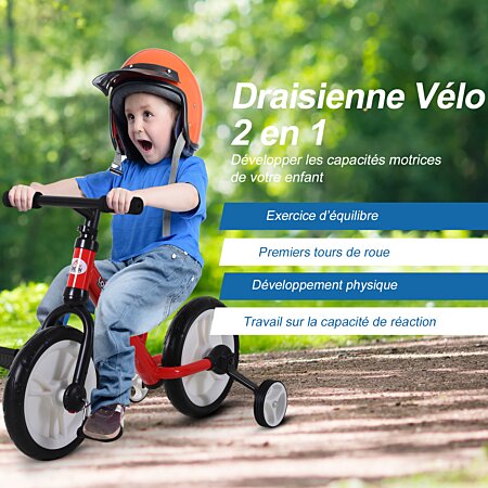 HOMCOM Draisienne Vélo 2 en 1 pour Enfant Vélo d'Équilibre 2 à 5 ans Léger  Selle Réglable en Hauteur Pneus Increvables en Mousse EVA 11 Pouces Cadre  en Acier Rouge 