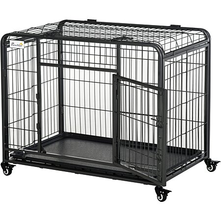 Cage pour chien pliable cage de transport sur roulettes 2 portes  verrouillables plateau amovible dim. 94L x 58l x 69H cm métal gris noir au  meilleur prix