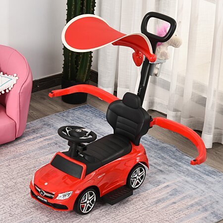 Homcom - Porteur enfants voiture enfant multi-équipée 12-36 mois klaxon  marche-pieds, garde-corps et ombrelle rouge