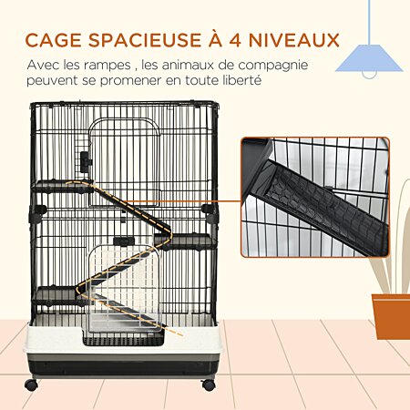 Cage à oiseaux sur roulettes - étagère, 2 portes, 8 trappes, nombreux  accessoires noir Pawhut