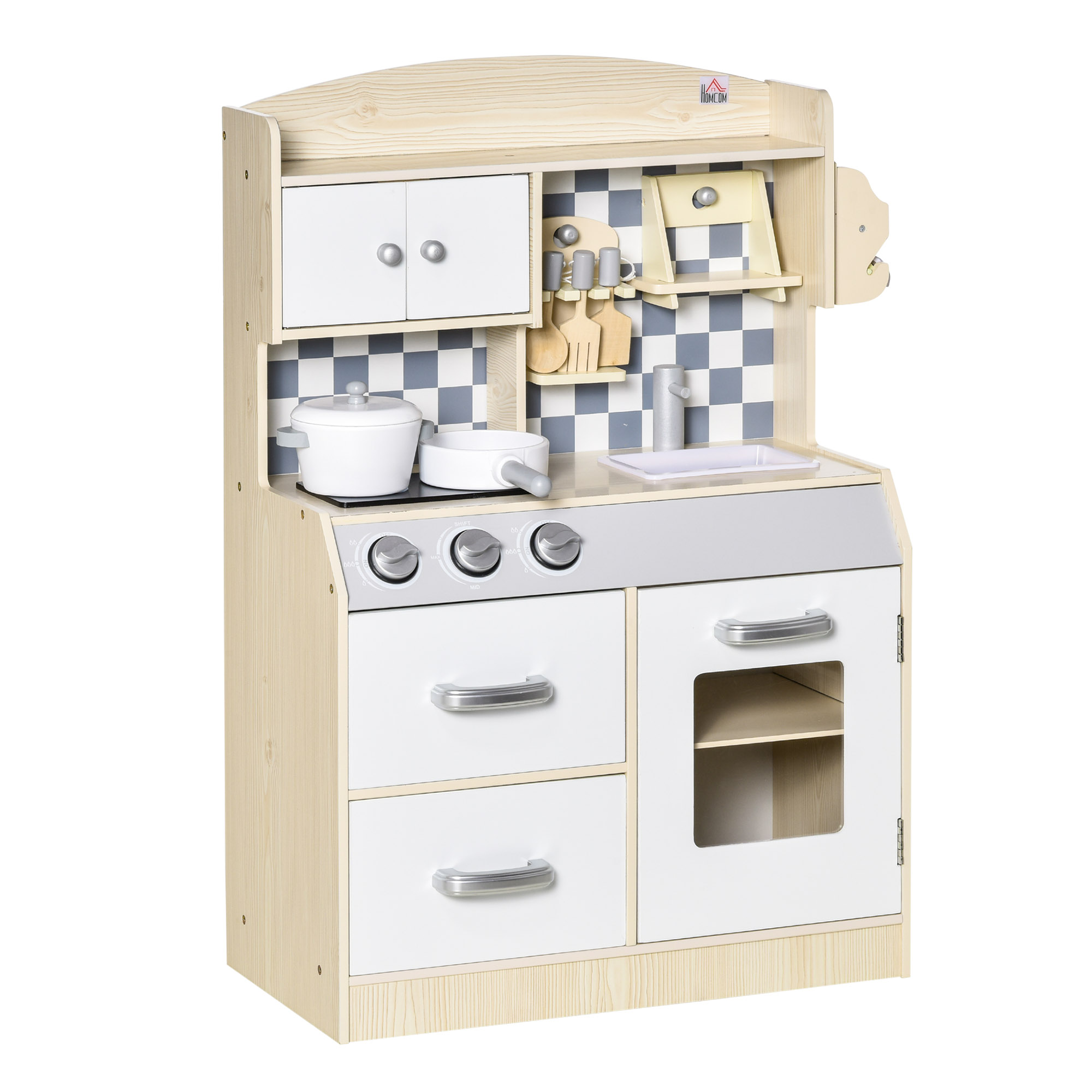 HOMCOM Cuisine enfants mobile avec roulettes dînette jeu d'imitation  éducatif complet accessoires & rangements inclus évier gazinière placards  tiroirs port-torchon MDF 70 x 60 x 66,5 cm bois naturel