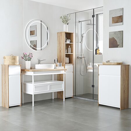 Meuble colonne rangement salle de bain MDF blanc aspect bois style cosy