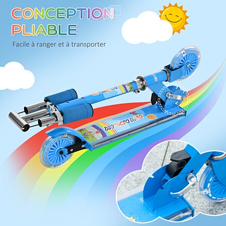 HOMCOM Trottinette enfant pliable - 3 roues lumineuses LED - hauteur guidon  réglable - frein à friction arrière - métal PP pour enfants de 3 à 8 ans  bleu