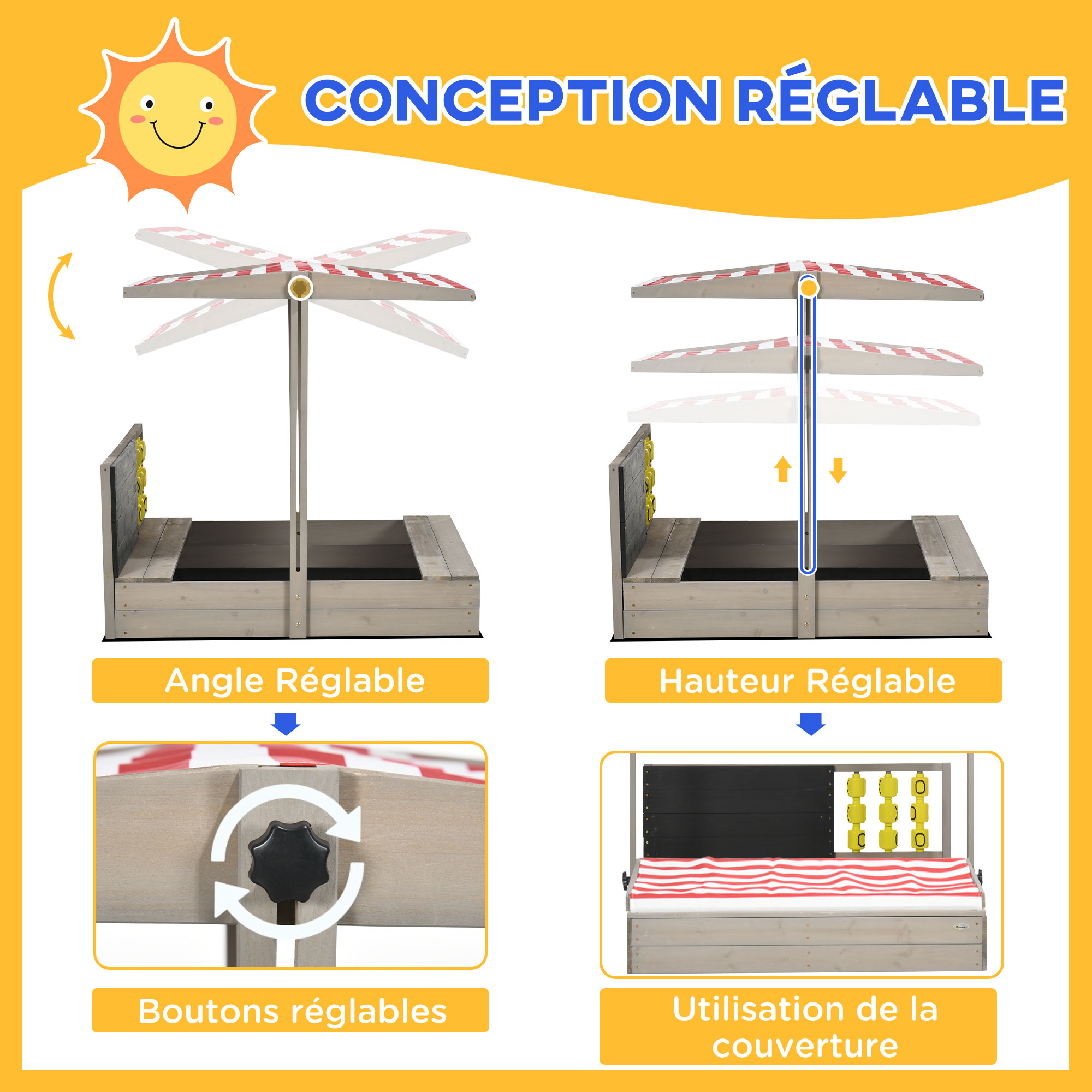Bac à Sable Outsunny Bois Carré 1,18 M – Toit Réglable Et Refermable – 2 Bacs Inclus – Pour 4 Enfants (3-8 Ans) – Sapin Autoclave